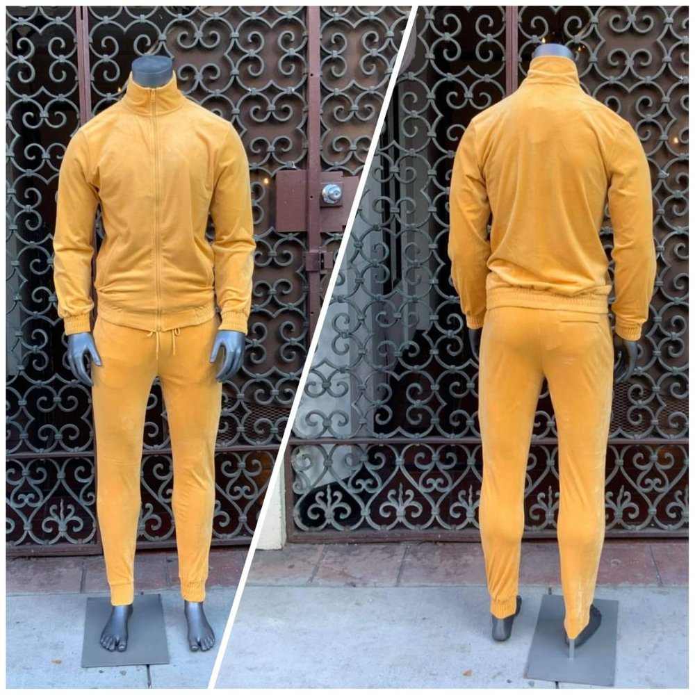 Men's Yellow Full Zip Fitted Velour Tracksuit
